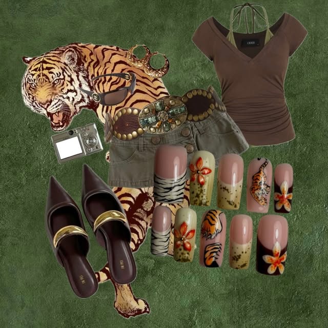Moodboard Bobby associant press-on à motifs tigre et fleurs, accessoires et tenue kaki et chocolat